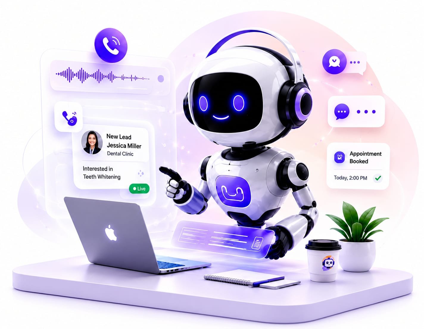 AI robot assistant with laptop and automation dashboard